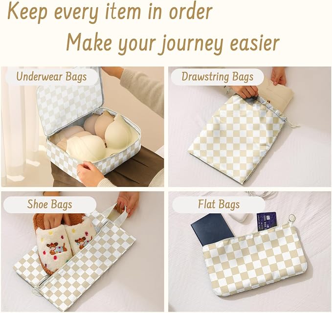 9 Set Packing Cubes for Travel Essentials - Lightweight Carry-On Luggage Organizer Bags with Shoe, Clothes & Laundry Bags for Airplane, Family & Business Travel, Beige checkered - Image 5