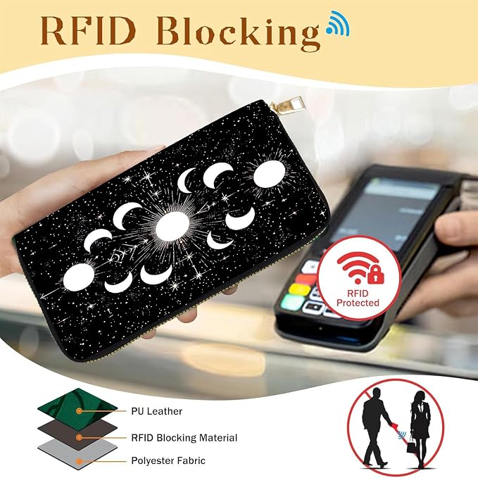 Women's RFID Blocking PU Leather Zip-Around Wallet, Large Capacity Clutch with Phone Holder, Travel Purse & Card Organizer with Removable Wristlet,Moon Phases in Space - Image 2