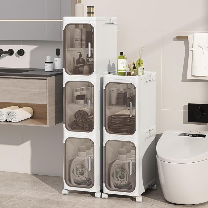 5 Tier Slim Bathroom Storage Cabinet, Foldable and Movable, White | Tools Free, ABS and PET, Magnetic Clear Door, Adjustable Shelves, Lockable Wheels, Water Resistant, For Narrow Space - Image 9