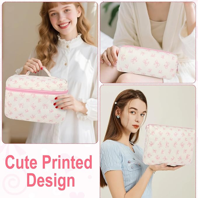 URSKYTOUS 3Pcs Makeup Bag Quilted Cotton Cosmetic Bags for Women Large Small Pink Bow Makeup Pouch Set Cute Coquette Floral Travel Bags Portable Skincare Toiletry Bag Vintage Puffy Essential Organizer - Image 6