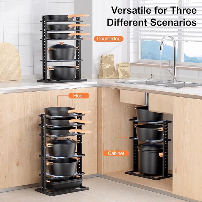LAMU Pots and Pans Organizer for under Cabinet, 6-Tier Heavy Duty Pan Pot Organizers inside Cabinet Adjustable 14 to 24.57", Pot Rack Kitchen Cabinet Organization and Storage Holds up to 12" Cookware - Image 6