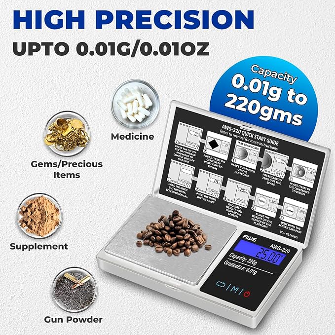 Series Digital Pocket Weight Scale 600g x 0.1g |Digital Gram Scale Small Scale Mini Food Scale Jewelry Scale Ounces/Grains Scale, Easy to Carry - AMERICAN WEIGH SCALES (Silver, 220g x 0.01g) - Image 5
