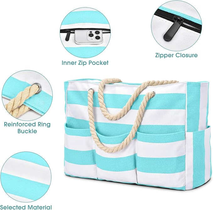 Becokan Beach Bags for Women Canvas Large Beach Tote Bag Zipper Waterproof Sandproof Foldable Swim Pool Bag with 7 Pockets - Image 4