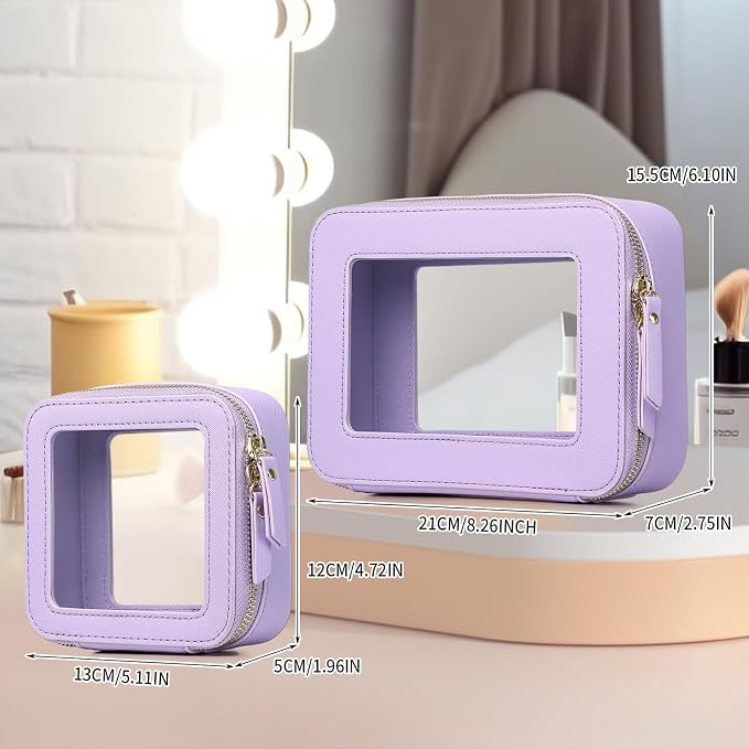 Pinkmik Clear Makeup Bag, (Purple, M+MINI) | 2PC,Waterproof, Travel Case for Cosmetics and Toiletries, Women's Purse Organizer, Clear Car Bag with Zipper - Image 4