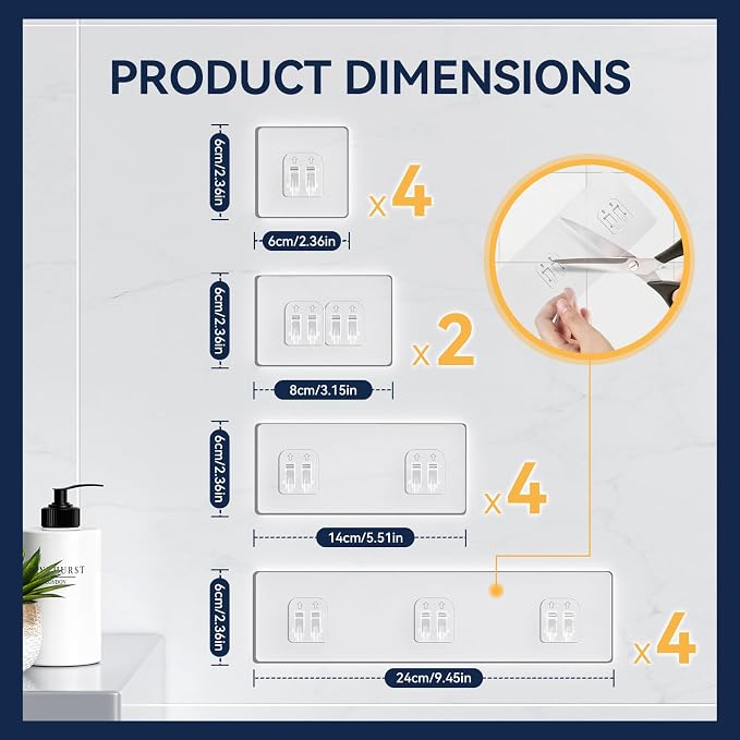 14-Pack Shower Caddy Adhesive Replacement - Transparent Shower Adhesive Strips, No Drilling Hooks for Bath Storage Shelves, Kitchen Racks, Basket & Soap Holder - Image 5