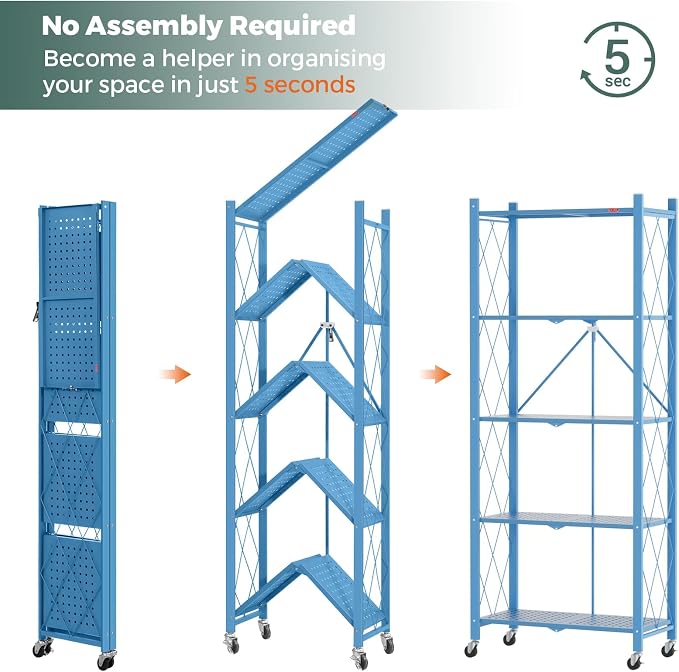 DEANIC 5-Shelf Folding Bookcase with Wheels, Heavy Duty Storage Shelves, Freestanding Metal Wire Shelving Unit for Living Room, Office, Kitchen, Basement, Pantry(Blue) - Image 4