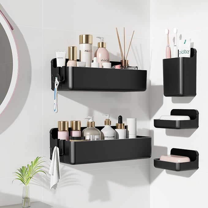 Nieifi Adhesive Shower Shelves, Black, 5 Pieces | Rustproof ABS, Large Capacity, Removable Design, Easy-Clean, No Drilling Shower Organizer for Bathroom Storage & Home Decor - Image 9