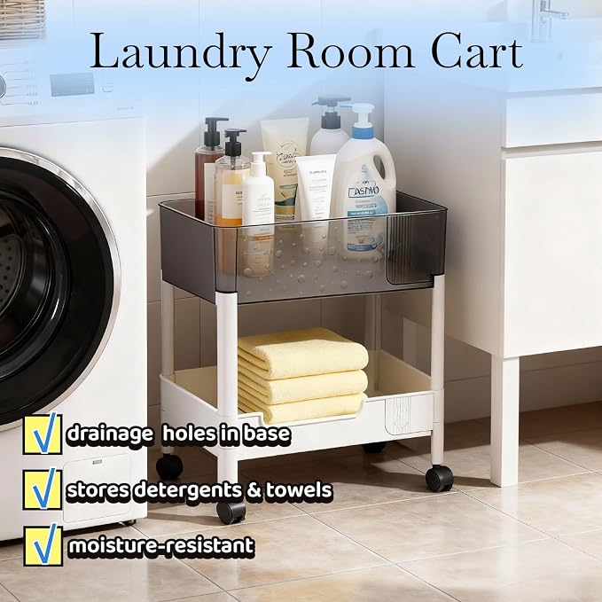 2 Tier Rolling Cart with Wheels for Under Desk Storage, Heavy Duty Plastic Short Small Utility Cart for Small Space Bathroom Vanity Makeup Organizer Pantry, 4.7'' Deep Baskets for Tall Bottles - Image 6