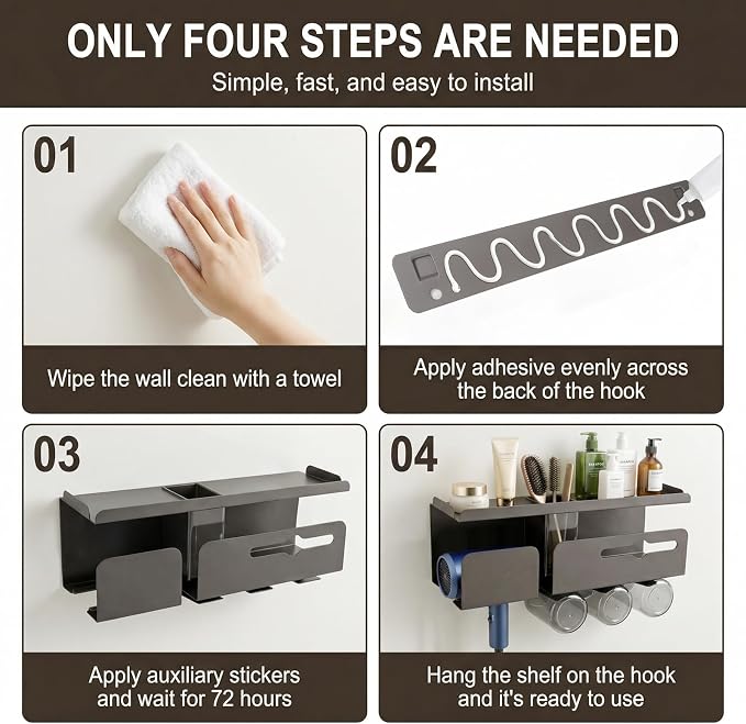 Hair Dryer Holder Wall Mount Metal,Adhesive/Drilling Bathroom Organizer with Shelf,Tissue Box&3 Free Cups,Rustproof Rack for Hair Styling Tools&Toothbrush,Grey - Image 4