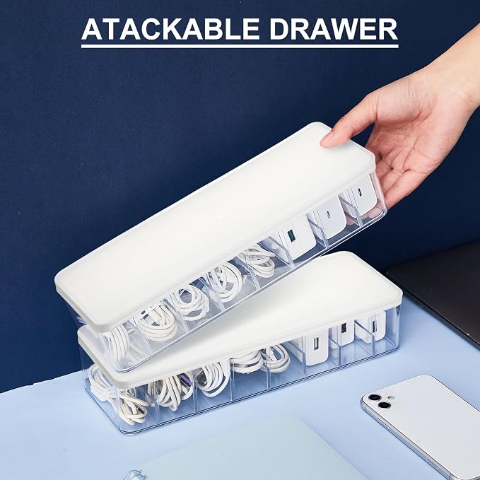 Tatuo 2 Pcs Cord Organizer for Drawer Desktop, Cable Organizer Box with 8 Compartments and Wire Ties, Plastic Charger Storage with Lid, Electronics Case for Home Office Accessories (Small,Clear,White) - Image 3