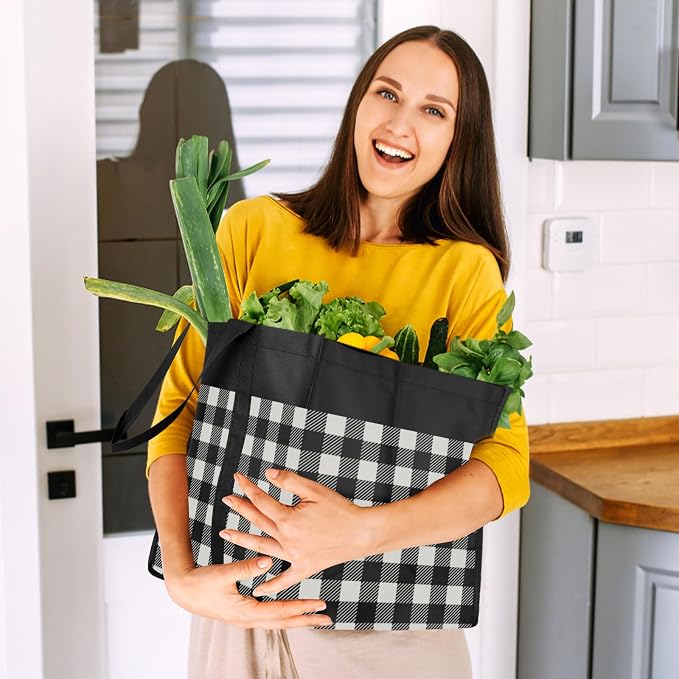 Reusable Grocery Shopping Bags 10 Pack Large Foldable Tote Bags Bulk | Eco Produce Bags with Long Handle for Shopping Groceries Clothes (Plaid C) - Image 2