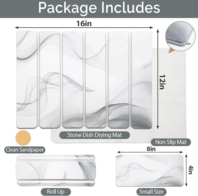 Small Stone Dish Drying Mat for Kitchen Counter, 2 PCS 16"×12" & 8"x4" Quick Dry Stone Mats, Foldable Water Absorbing Diatomaceous Earth Drying Dish Pad for Countertop Bottle Utensil Cup(White Gray) - Image 2