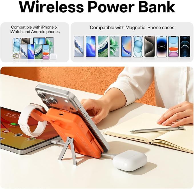 Q Magnetic Wireless Portable Charger 10,000mAh, Travel Essentials Power Bank with Built-in Cables & Foldable Stand, External Battery Pack Compatible with iPhone 17/16/15/14/13/12, Apple Watch - Image 4