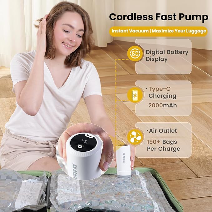 12 Pack Vacuum Storage Bags for Travel with Digital Display Air Pump,Carry-on Packing Bags for Luggage and Suitcase,Space Saver for Clothes - Image 6