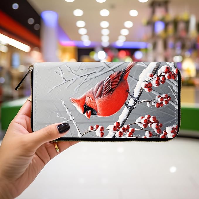Wallet,Leather Long Wallet Suitable For Ladies And Teenagers - Detachable Wristband + RFID Travel Wallet With Card Slot - Cardinal in Snow - Image 4
