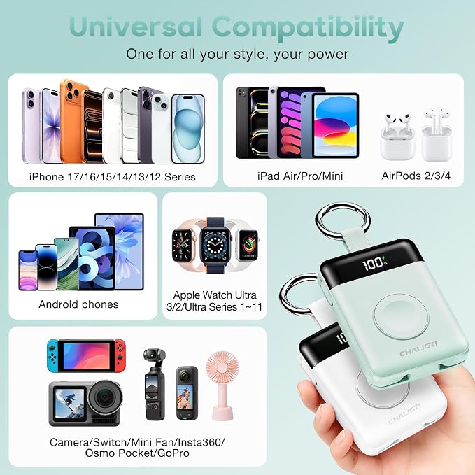 10000mAh Portable Charger,22.5W Power Bank&iWatch Charger,Green | LED Display,Built-in Cables,Super Fast Charging,Travel Keychain Battery Pack for iPhone 17/16/15/14/13/12,Apple Watch Series - Image 8
