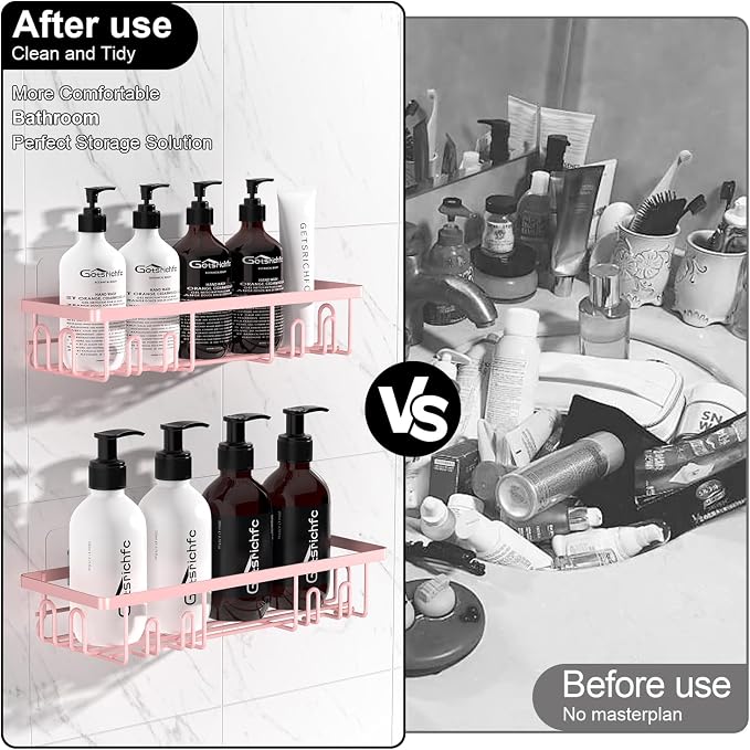 Getsrichfc Shower Caddy Adhesive, Rustproof Shower Shelves for Inside Shower, Large Capacity Bathroom Organizers and Storage, Shower Storage with Removable Hooks, No Drill Bathroom Accessories Pink - Image 2