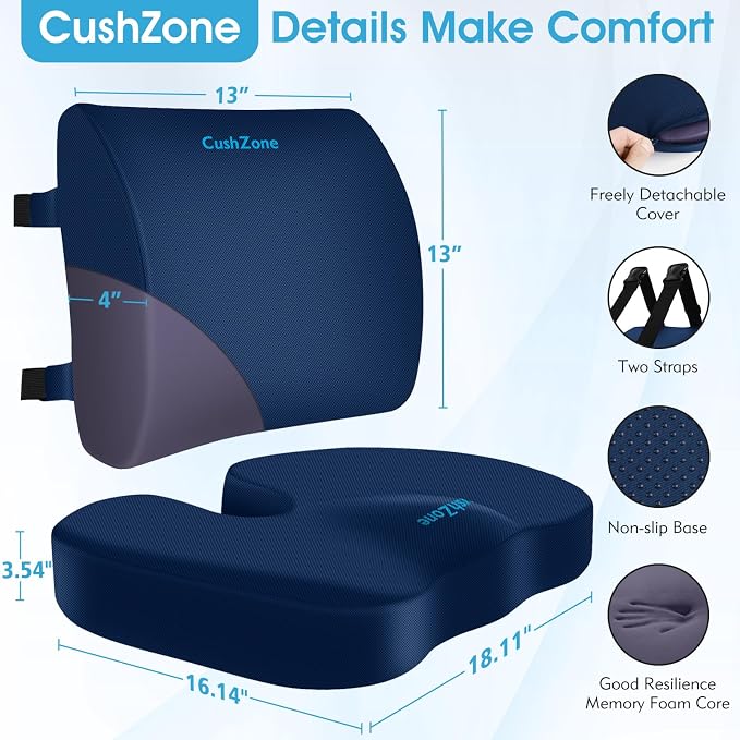 CushZone X-Large Seat Cushion and Lumbar Support Pillow for Office, Blue | Thick Memory Foam for Sciatica Pain Relief & Posture Correction, Non-Slip Chair Cushions for Car, Wheelchair and Travel - Image 6