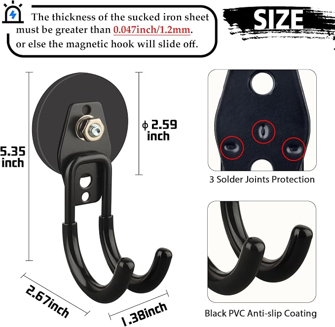 ULIBERMAGNET Garage Strong Magnetic Hooks, 2 Pack Black Heavy Duty Large J Hooks with Magnet, Anti-Slip Coating Magnet Hooks for Garden Tools, Ropes,Drill - Image 2