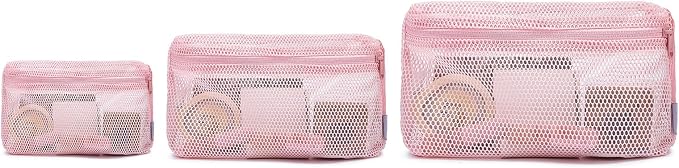 NOL 3-Pack Mesh Travel Toiletry Bags - Clear Zipper Travel Organizer, Airport Carry-On Compliant Reusable Cosmetic Makeup Bag for Women & Men (Pink) by NOLNaturalOrganicLifestyle