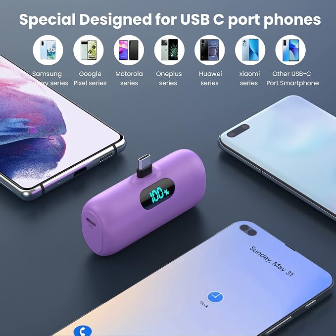[2-Pack] Mini Portable Charger 5000mAh Power Bank,3A PD USB C Cell Phone Portable Power, LCD Display Battery Pack Compatible with iPhone 17/17 Air/16/16 pro/15/15 pro Max/Android/Samsung/Moto/LG etc - Image 2
