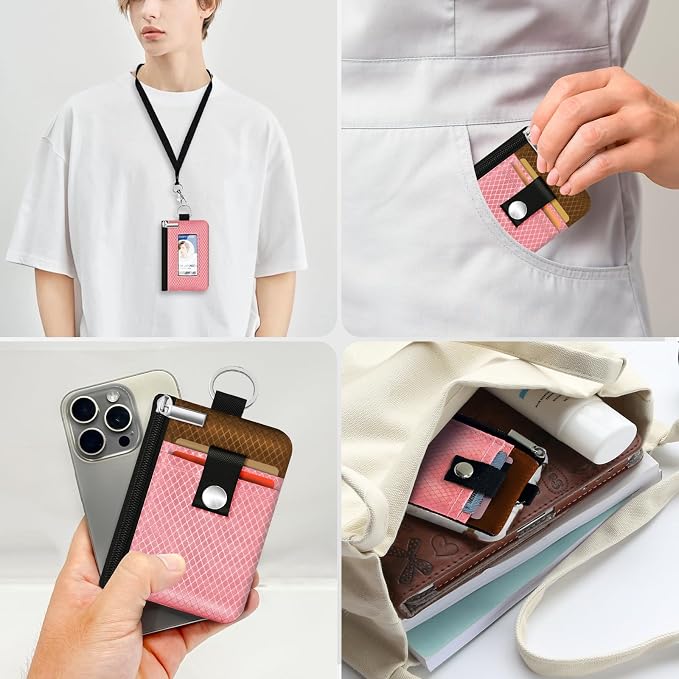 Minimalist RFID Blocking Small Wallet with ID Window,WaterResistant Zip Id Case Wallet with Lanyard Keychain for Cards,Cash,Travel,Women,Men (Pink/Brown) - Image 9