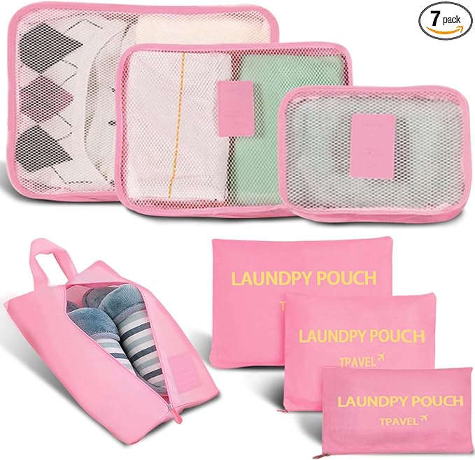 INVODA 7 piece Multi-size Packing Cubes for Travel Suitcase Organizer Bags Lightweight Travel Bags (Pink) by INVODA