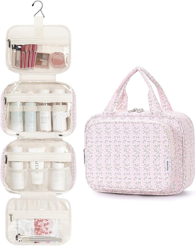 Narwey Hanging Toiletry Bag for Women Travel Makeup Bag Organizer Toiletries Bag for Travel Size Essentials Accessories Cosmetics (Pink Flower Buds (Medium)) - Image 2