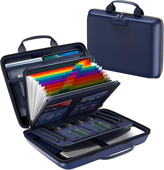 Fireproof Document Box, Hard Case Fireproof File Organizer Box with Lock and 13 Pocket Accordion File Folder, Portable Safe Box for Home Office Travel to Storage Important Documents Laptop Blue by Unknown