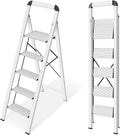 KINGRACK Aluminium 5 Step Ladder, Lightweight Step Stool with Non-Skid Pedals, Handrail, Foldable Step Ladder for Kitchen, Garage, Home, Space Saving, Sturdy and Portable, Silver by KINGRACK