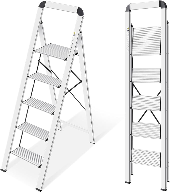 KINGRACK Aluminium 5 Step Ladder, Lightweight Step Stool with Non-Skid Pedals, Handrail, Foldable Step Ladder for Kitchen, Garage, Home, Space Saving, Sturdy and Portable, Silver by KINGRACK