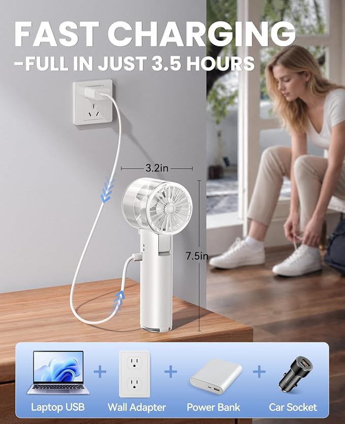 Handheld Fan with Ice Cooler, 13H Runtime, 16000RPM Turbo Motor, 100-Speed, 4000mAh Rechargeable Personal Fan, Portable Mini Hand Fan for Travel Outdoor Makeup White - Image 8