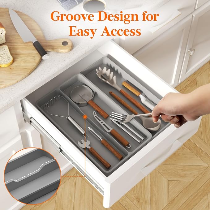 Lifewit Utensil Organizer for Kitchen Drawer, Expandable Cooking Tray | Adjustable Cutlery Flatware Holder, Plastic Silverware Spatula Tools Storage Divider, 8.9-14.4 x 15.8", Gray - Image 8