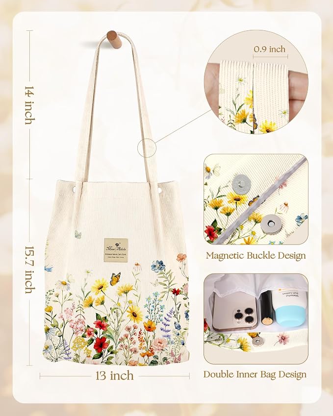 Miss Adola Corduroy Tote Bag for Women with Aesthetic Design | Magnetic Buckle & Pocket, Reusable, Soft, Roomy, Long Shoulder Handles, Double-sided Print, Casual Daily Work, Grocery Bags - Image 5