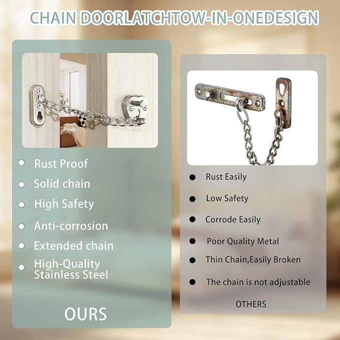 Alise Door Chain Lock, Brushed Nickel Adjustable Child Proof Security Door Lock for Apartment | Stainless Steel Chain Door Lock,Heart-Shaped Design Press-To-Unlock Heavy Duty Chain Lock For Barn Bedroom & Travel - Image 9