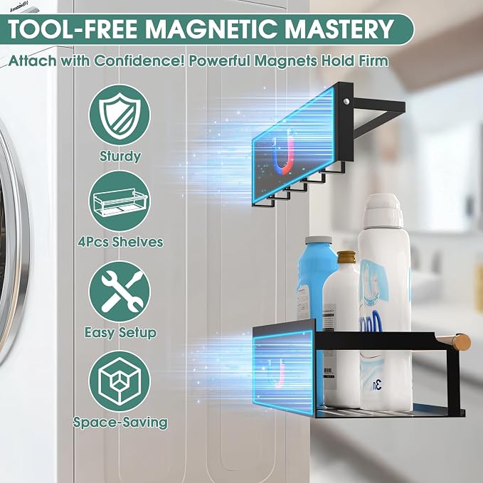 POLRAI 4 Pack Magnetic Shelves for Washing Machine Magnetic Shelf for Fridge Powerful Magnetic Shelves and Magnetic Hook for Laundry Room Kitchen Bathroom Organization - Image 2