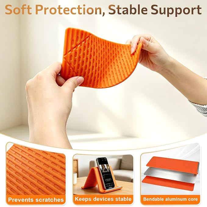 Flexible Silicone Phone Stand with Aluminum Core, Foldable Silicone Phone Holder for Cell Phones, Tablets & Small Devices, Adjustable Desktop & Airplane Phone Holder for Travel, Office & Home (Orange) - Image 5
