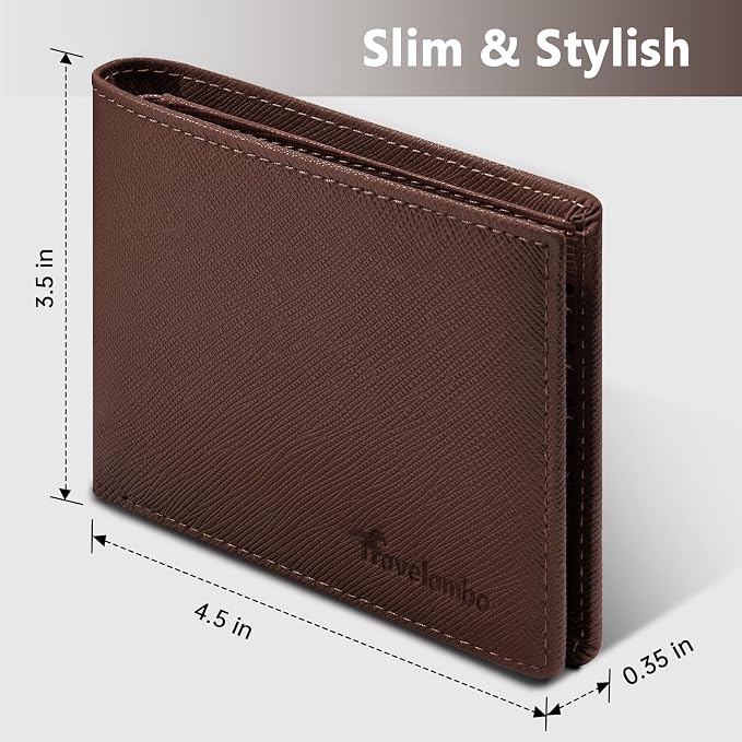Travelambo Leather Wallet for Men, Slim Minimalist RFID Credit Card Holder | Mens Thin Bifold Pocket Wallet, Gift for Father, Crosshatch Coffee - Image 5