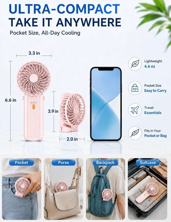 Portable Mini Fan, Quiet Foldable Fan with Lanyard (Pink) | 4 Speeds, 15H Rechargeable Battery, Portable Pan for Travel, Home, Office, Outdoor, Makeup, Women, Men, Pink - Image 4