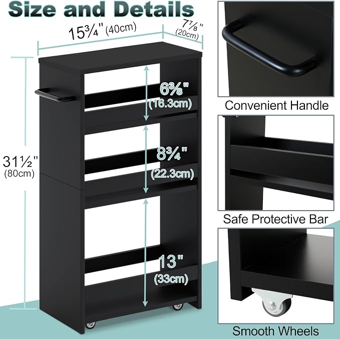 MARTY Slim Rolling Storage Cart, Wood Utility Kitchen Bathroom Laundry Cart | 4 Tier Kitchen Cart with Wheels Handle, Laundry Room Organization Between Washer and Dryer, Narrow Storage Cabinet, 8” Wide - Image 6