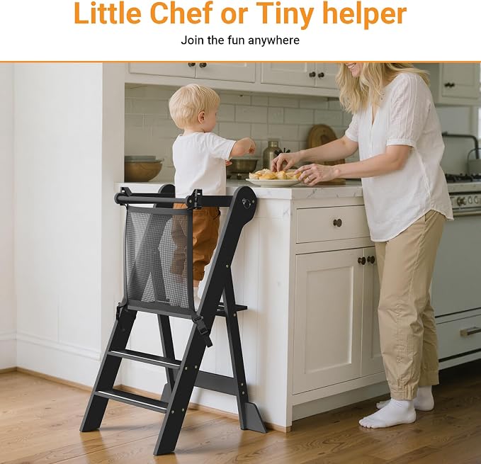 COSYLAND Foldable Toddler Kitchen Stool Helper - Height Adjustable Standing Tower for Bathroom Sink or Kitchen Counter - Step Stool for Toddlers Ages 18 Months to 6 Years Black - Image 2