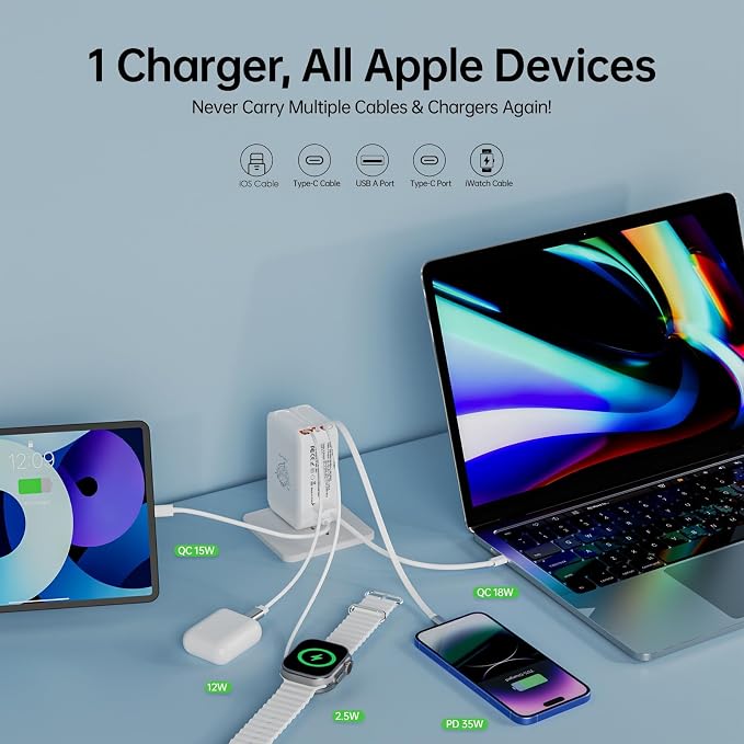 5-in-1 Retractable Apple Watch Charger, 35W Travel Wall Charger | Built-in 3.2ft USB-C, Older iPhone & Apple Watch Charging Cables, USB-A + USB-C Ports, Foldable Plug for Travel - Image 2