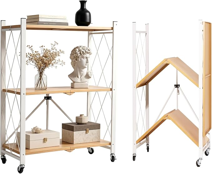3-Tier Folding Storage Shelves with Wheels – No Assembly, Heavy Duty Collapsible Rolling Shelf Unit for Kitchen, Bedroom, Living Room by YeeJinHong