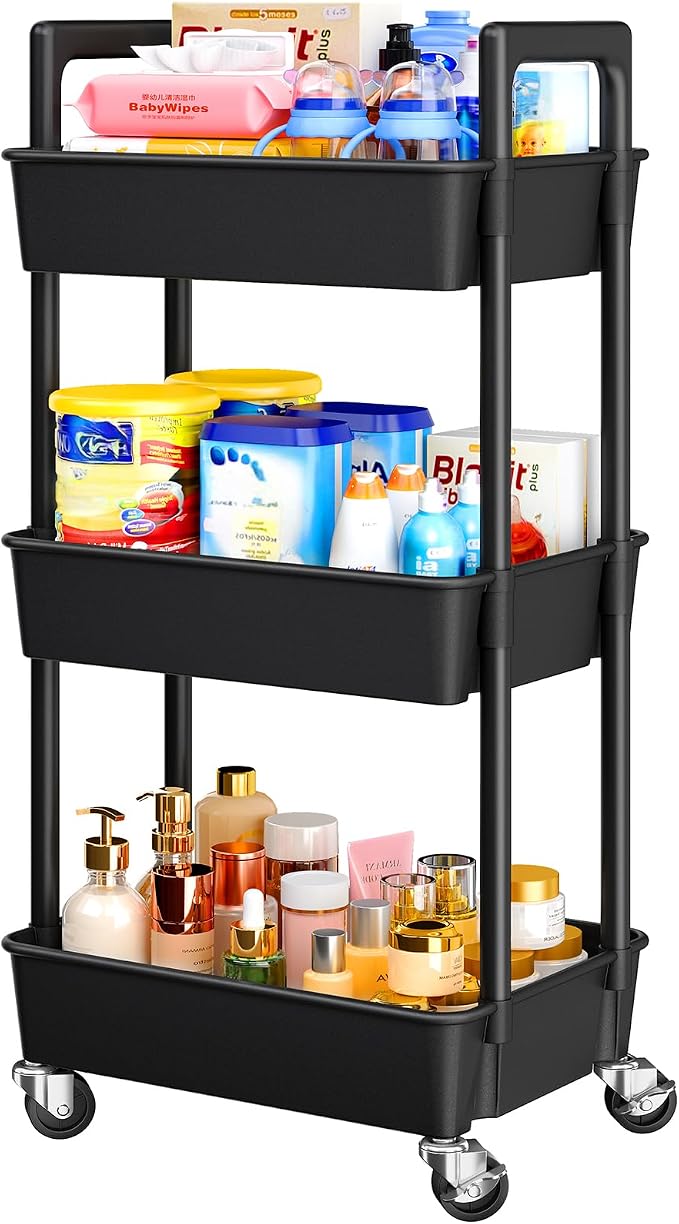Pipishell 3 Tier Rolling Cart Organizer, Plastic Rolling Cart with Lockable Wheels & Reinforced Handle, Lightweight Utility Storage Cart for Nursery, Kitchen, Craft Room, Black by Pipishell