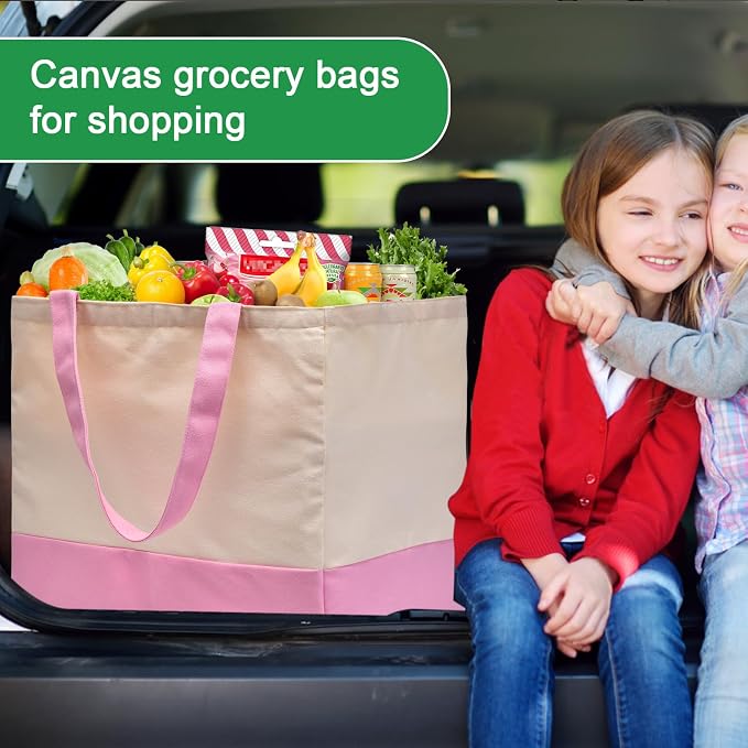 3 Pack Canvas Reusable Grocery Bags Heavy Duty, 8.3 gal Foldable Large Tote Bag with Handles, Holds 60 lbs Canvas Shopping Bags & Washable Eco-friendly Bags with 5 Pockets, Pink+Off white - Image 2