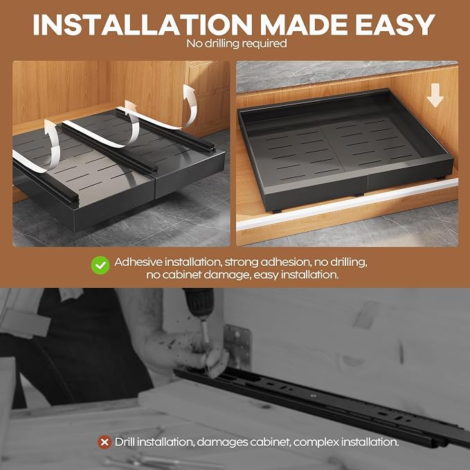 Seinloes 2 Pack Expandable Pull Out Cabinet Organizer 21"Deep With Raising Pad for Framed Cabinets,Upgrade 3 Slide Rails Slide Out Drawers,Roll Out Shelves Adhesive,Adjustable Width 15.15"-26.3" Black - Image 7