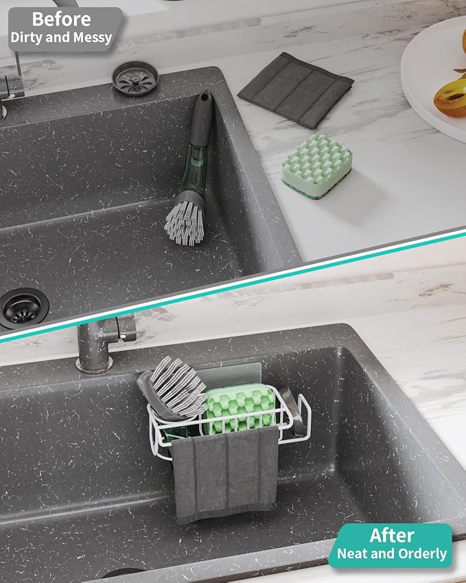 HapiRm Sponge Holder for Kitchen Sink, No Drill Kitchen Sink Caddy Organizer, Rustproof and Waterproof Dish Sponge Holder - White(8.65 * 3.54 * 2.36 in) - Image 6