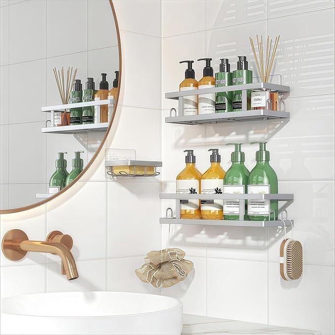 Youvip Adhesive Shower Caddy, Silver, 3 Pack | Shower Shelves, Soap Holder, 12 Hooks, Rustproof No Drilling, Bathroom Organizer and Storage - Image 3
