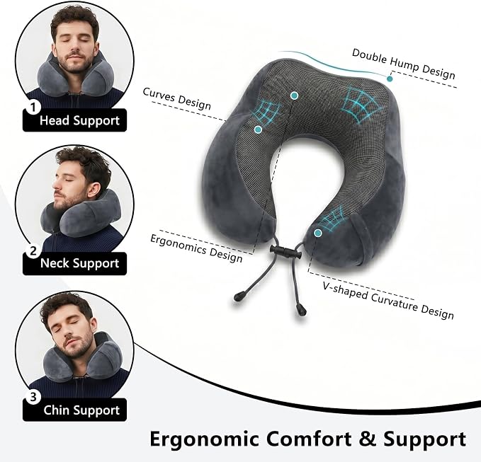 Travel Neck Pillow, 100% Memory Foam, U-Shaped with Storage Box, Dark Gray | 100% memory foam with 360-degree support & adjustable buckle. Compact storage box. Machine washable cover. Fits all necks. - Image 5