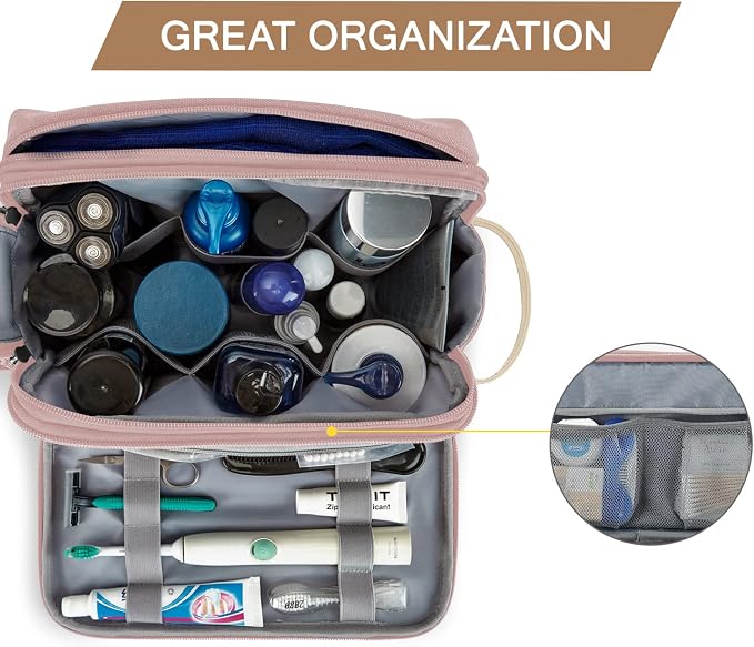 BAGSMART Toiletry Bag for Women, Cosmetic Makeup Bag Organizer, Travel Bag for Toiletries, Dopp Kit Water-resistant Shaving Bag for Accessories, Pink-Large - Image 2
